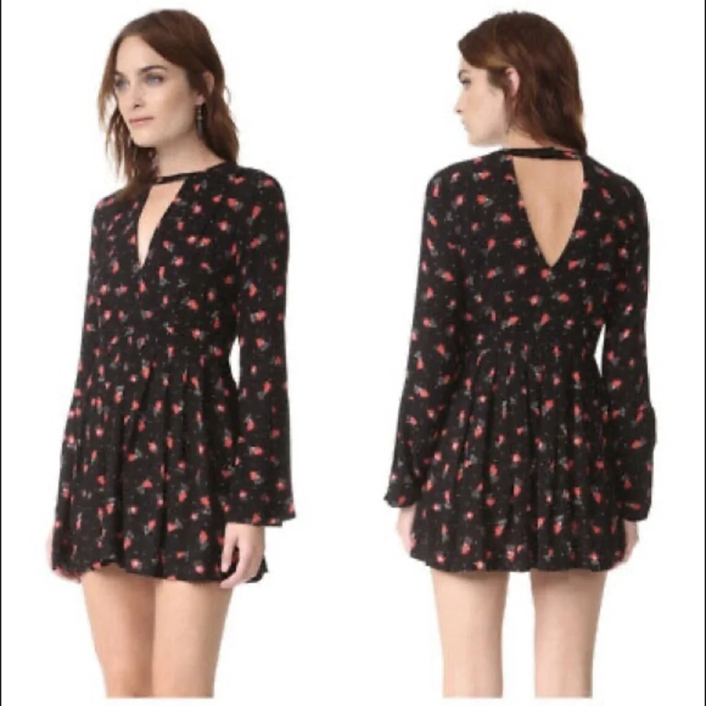 Free People Teagan Black Floral Deep V Neck Open Back Bell Sleeve Mini Dress
